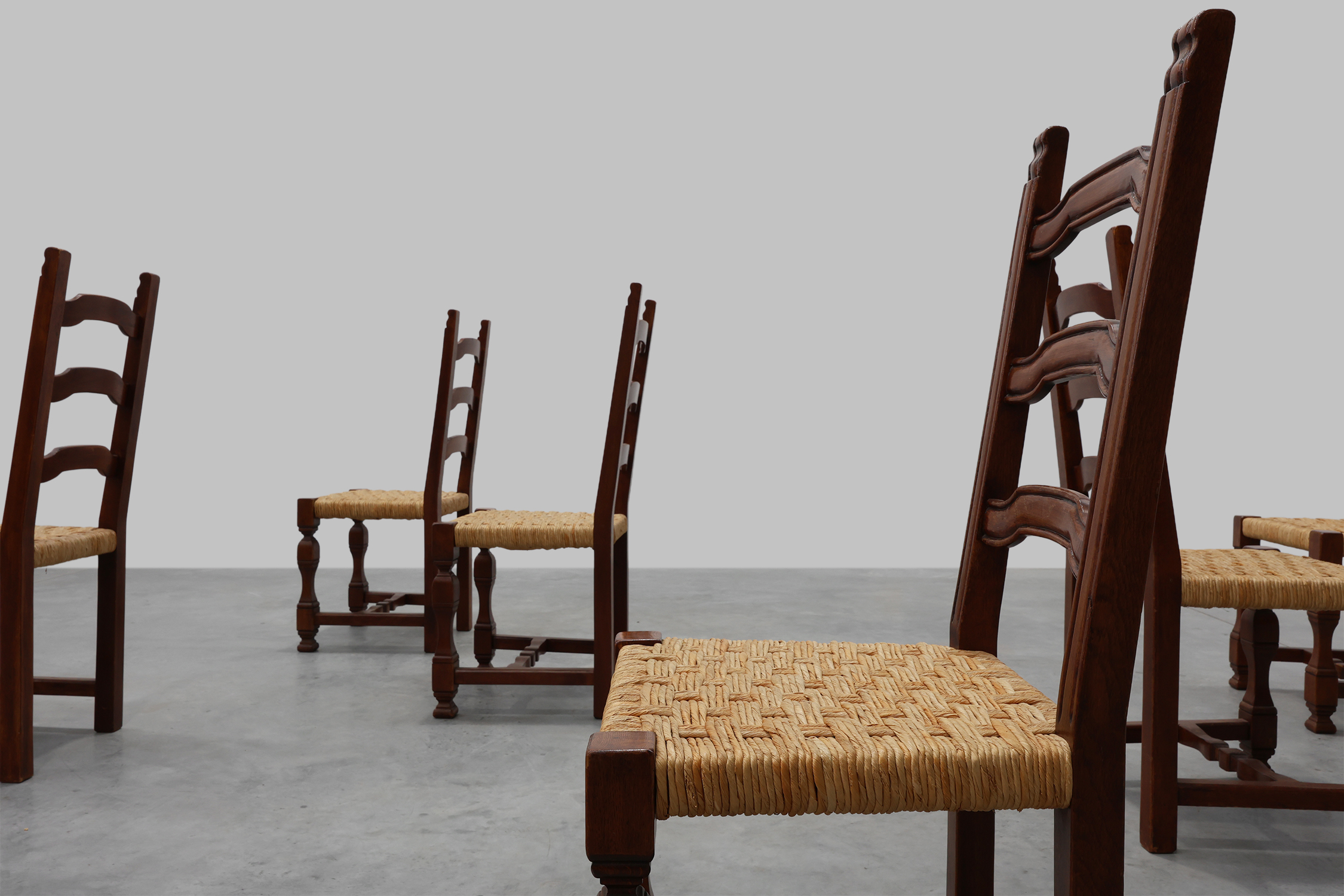Set of 8 Brutalist Mid-Century Chairs in Wood and Wicker, Belgium ca. 1970thumbnail